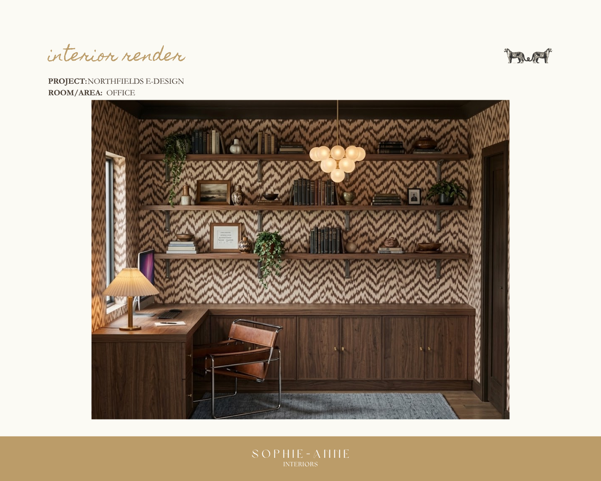 An interior design render showing a home office with chevron-patterned wallpaper, dark wood shelving and desk, a hanging cluster light, and a leather chair, presented on a cream background with text reading 'interior render' and 'SOPHIE - ANNE INTERIORS'.