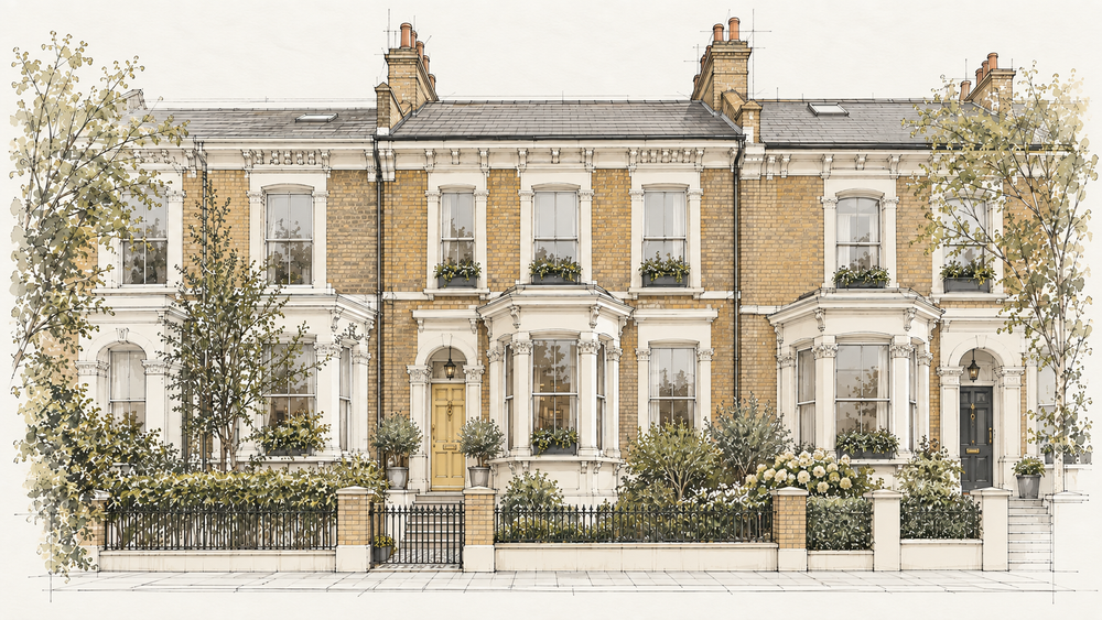 A watercolor-style illustration of a row of classic London terraced houses with bayonades, chimneys, front gardens, and a pale sky background. House is located in Eltham, London.