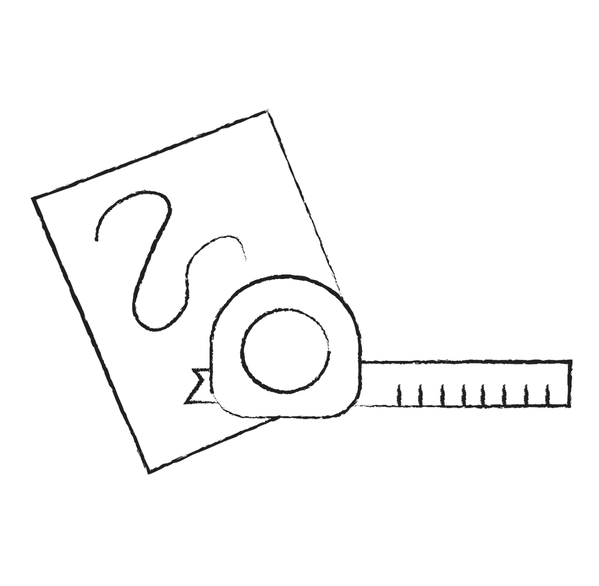 Black and white line drawing of a measuring tape and a piece of paper with a wavy line.