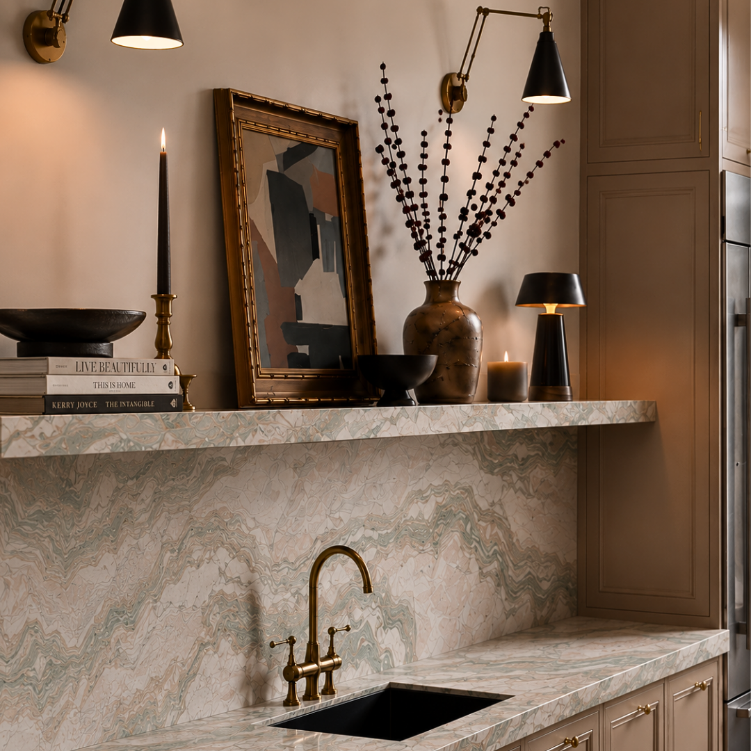 A styled interior scene showing a marble backsplash and countertop with a black sink, brass faucet, wall sconces, candles, books, a framed artwork, and a vase in a warm cabinetry setting.