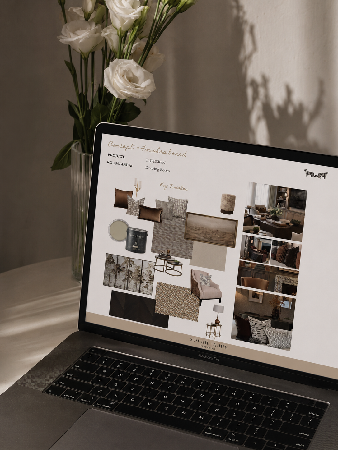 A laptop on a table displaying Sophie Anne's interior design process from concept through to completion