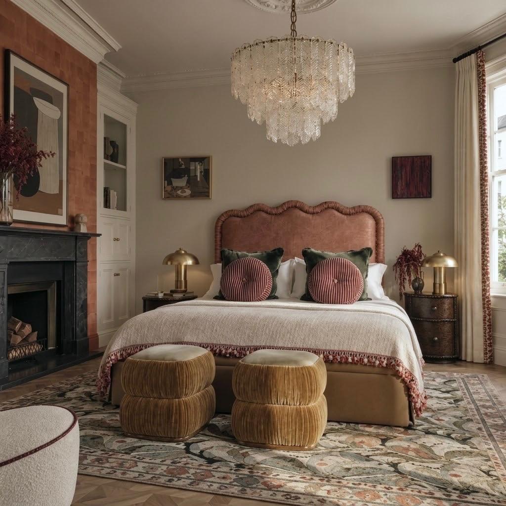 A styled bedroom interior featuring a bed with a pink velvet headboard, patterned pillows, two round velvet ottomans at the foot of the bed, a crystal chandelier, a fireplace, and ornate curtains.