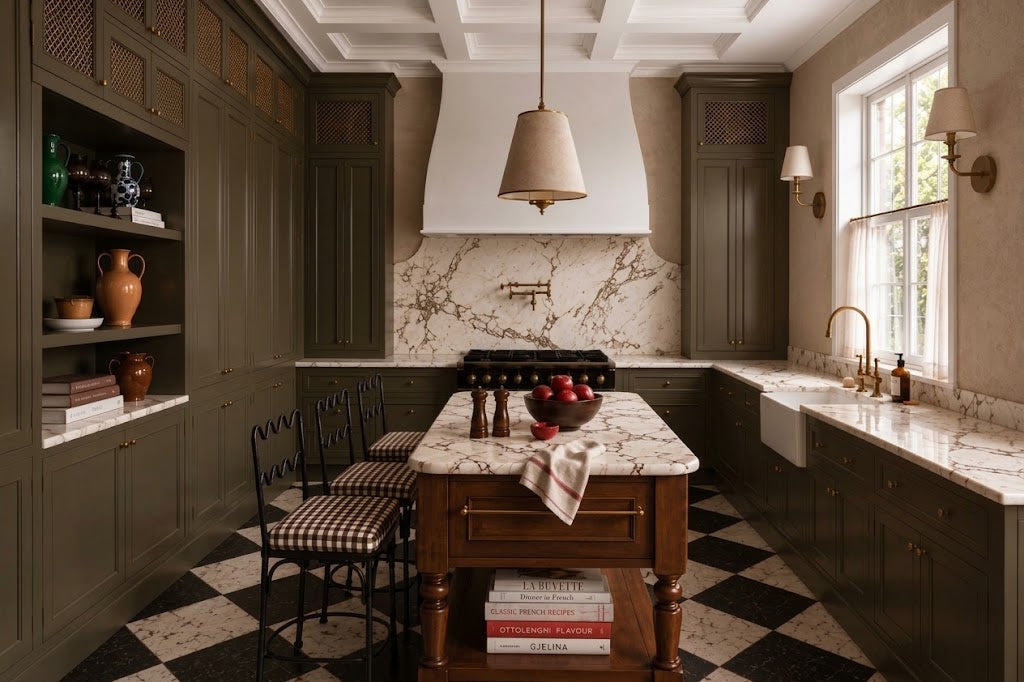 A luxury kitchen interior featuring dark olive green cabinetry, a central wooden island with a white marble countertop, a black and white checkered floor, and a white range hood.