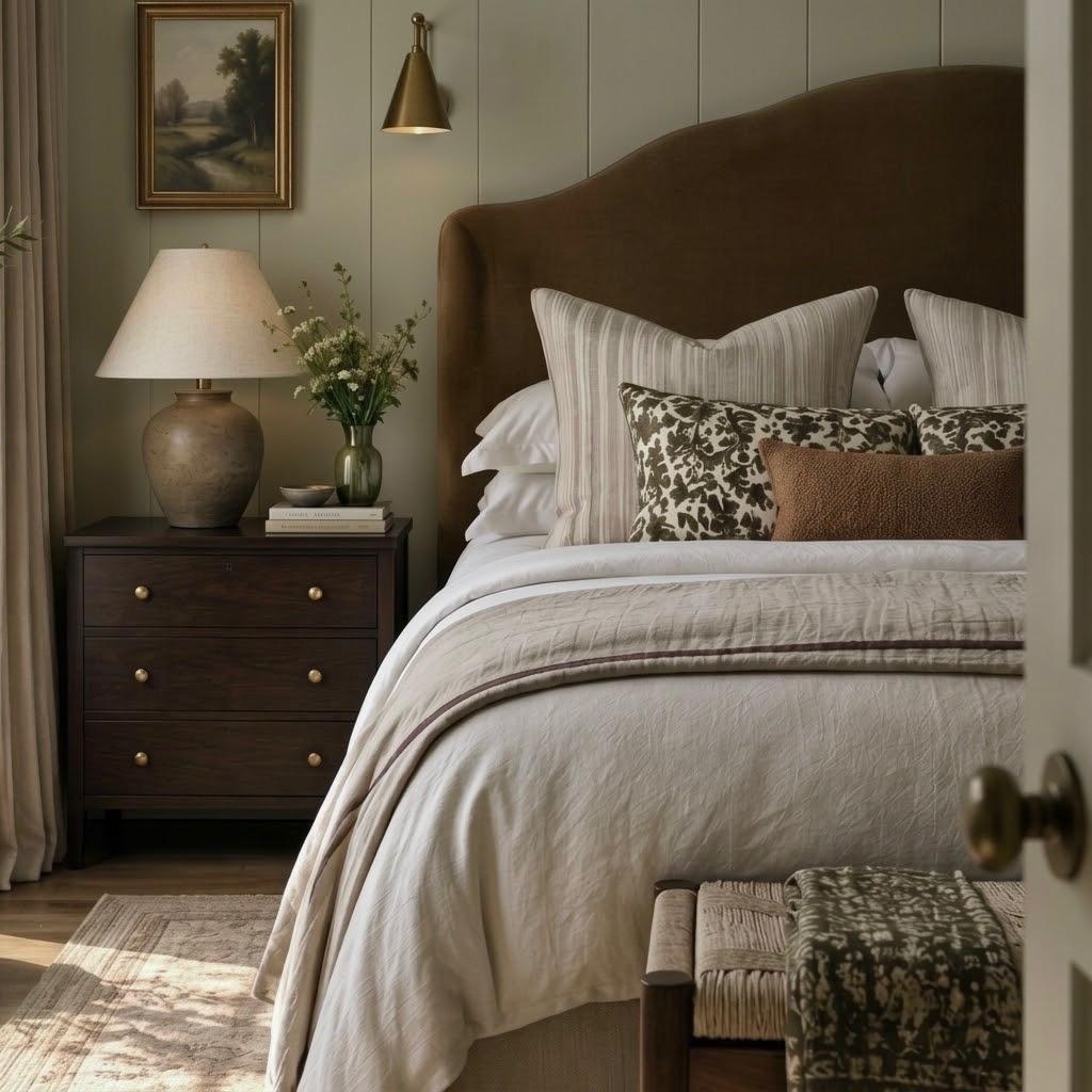 A styled bedroom showing a bed with a bespoke upholstered headboard, layered neutral bedding, patterned accent pillows, a dark wood nightstand with a lamp and vase, t&g walls, and warm ambient lighting.