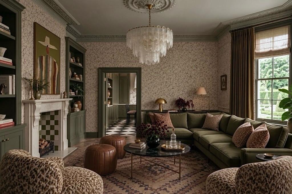 An elegant, vintage-style living room featuring a large olive green sectional sofa, leopard-print armchairs, a patterned rug, a white fireplace with built-in shelving, and a tiered crystal chandelier.