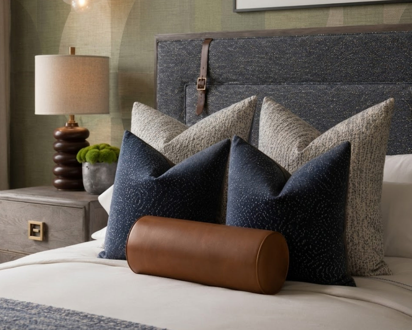 A luxury bedroom from a home renovation in surrey, styled bedroom scene showing a bed with multiple decorative pillows, including two dark navy textured pillows, two light beige textured pillows, a brown cylindrical bolster pillow, and a dark gray upholstered headboard. A bedside table with a lamp is visible on the left.