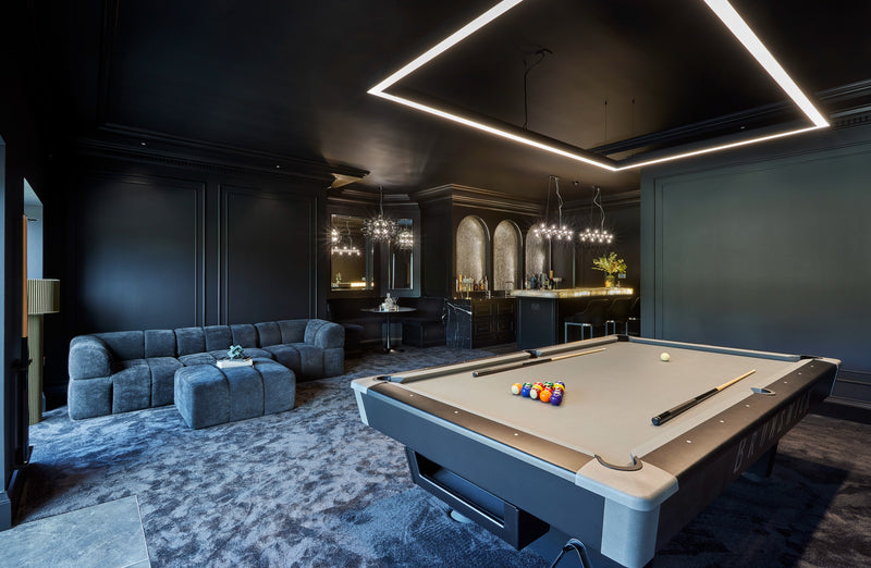 Luxury entertainment room with bespoke home bar, pool table and custom joinery designed by Sophie-Anne Interiors in Richmond, London